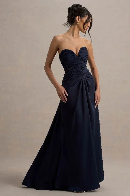 Chiffon and tulle combination wedding dresses Geometric - printed wedding guest dresses for a modern wedding Desirie | Navy Satin Sweetheart Gathered Maxi Dress Chiffon and tulle combination wedding dresses Geometric - printed wedding guest dresses for a modern wedding Desirie | Navy Satin Sweetheart Gathered Maxi Dress