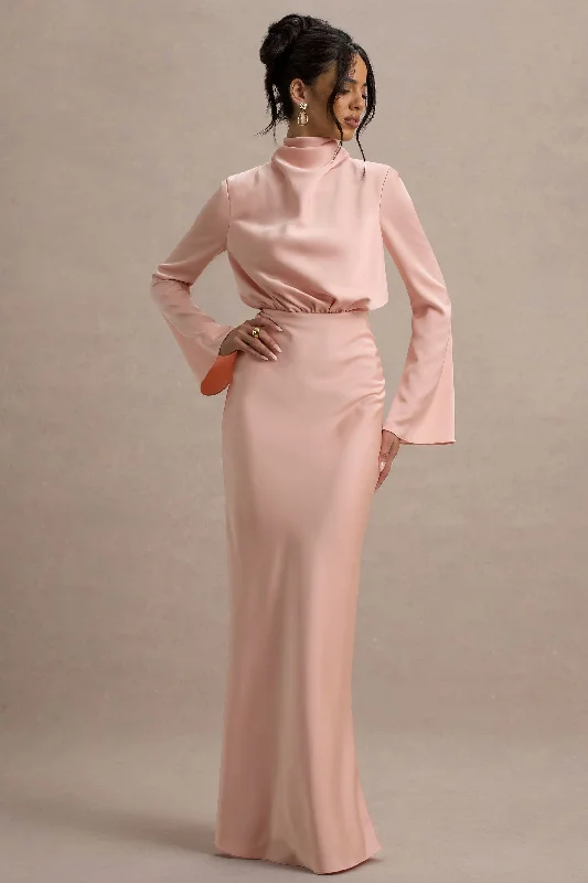 Halter - neck wedding dresses with a unique neckline Bow - backed wedding guest dresses in silk for a luxurious feel Celina | Light Pink Satin High-Neck Maxi Dress Halter - neck wedding dresses with a unique neckline Bow - backed wedding guest dresses in silk for a luxurious feel Celina | Light Pink Satin High-Neck Maxi Dress