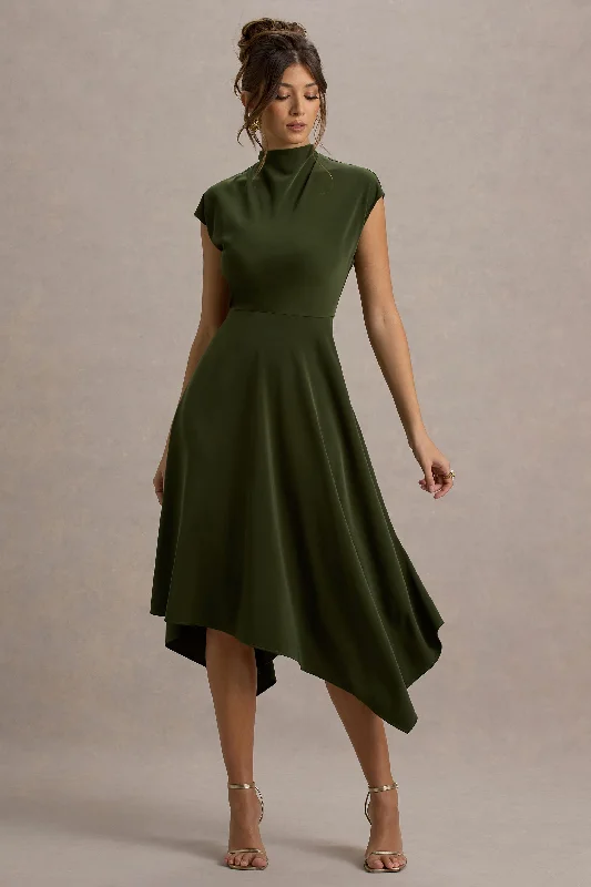 High - low hem wedding dresses for a trendy twist Lace - trimmed wedding guest dresses in blush pink Velma | Olive Satin Midi Dress With Draped Hem High - low hem wedding dresses for a trendy twist Lace - trimmed wedding guest dresses in blush pink Velma | Olive Satin Midi Dress With Draped Hem