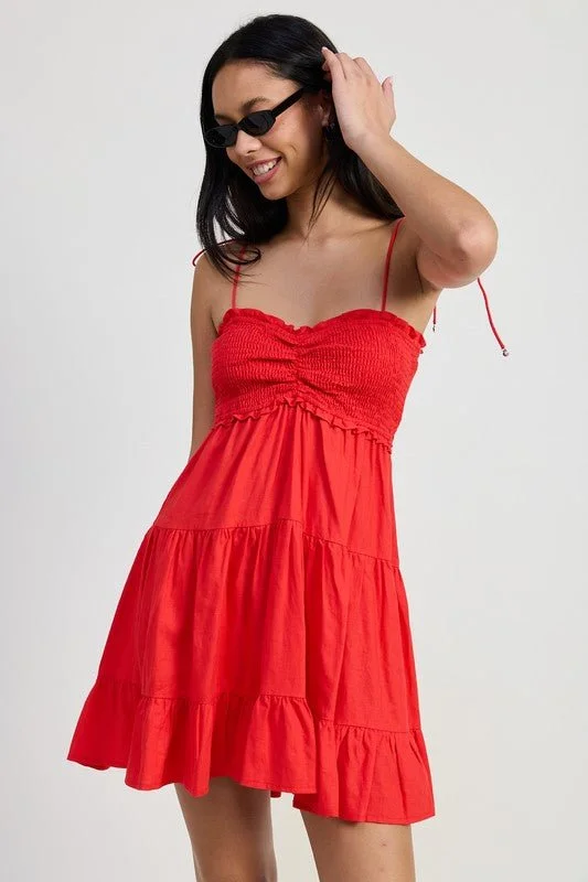 Mini dresses with patchwork designs for a unique style Red Smocked Ruffle Dress