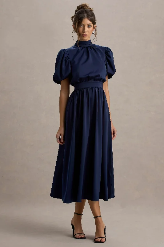 Empire - line wedding dresses with a ruffled skirt Wedding guest dresses with pom - pom trims for a playful look Persea | Navy Satin Puff-Sleeve Midi Dress With Bow Empire - line wedding dresses with a ruffled skirt Wedding guest dresses with pom - pom trims for a playful look Persea | Navy Satin Puff-Sleeve Midi Dress With Bow
