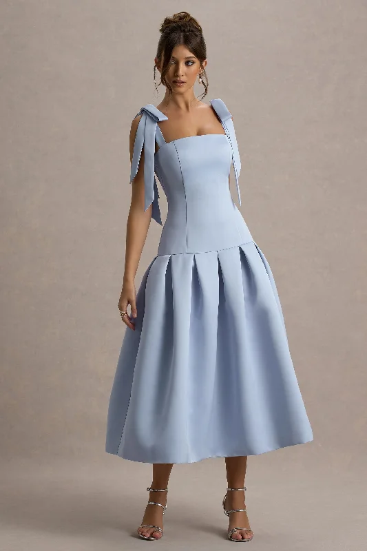 Wedding dresses with a sweetheart - neck and a corseted back Wedding guest dresses with gathered skirts and V - necklines Alberta | Powder Blue Satin Midi Dress With Bow Straps Wedding dresses with a sweetheart - neck and a corseted back Wedding guest dresses with gathered skirts and V - necklines Alberta | Powder Blue Satin Midi Dress With Bow Straps