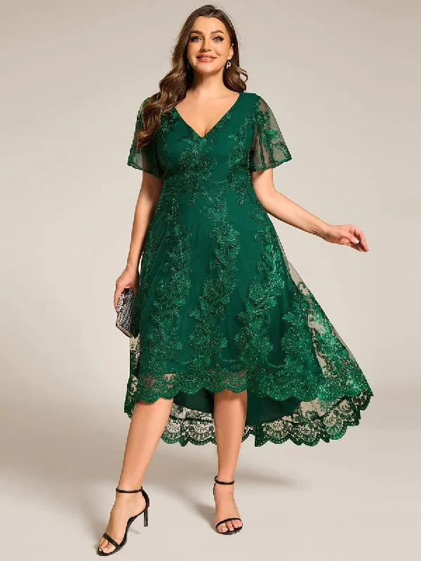 Ballroom - ready wedding dresses with a large skirt Lace - and - tulle wedding guest dresses with sweetheart necklines pretty TIDAL|Plus Size Short Sleeves Embroidered Mesh A-Line V-Neck Midi Wedding Guest Dress Ballroom - ready wedding dresses with a large skirt Lace - and - tulle wedding guest dresses with sweetheart necklines pretty TIDAL|Plus Size Short Sleeves Embroidered Mesh A-Line V-Neck Midi Wedding Guest Dress