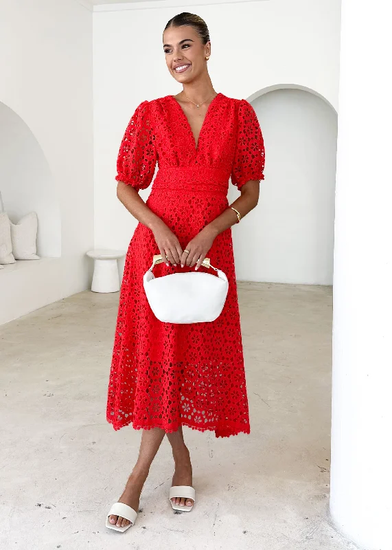 Midi dresses with ruffled sleeves for a more feminine and voluminous look Jahra Lace Midi Dress - Red Midi dresses with ruffled sleeves for a more feminine and voluminous look Jahra Lace Midi Dress - Red