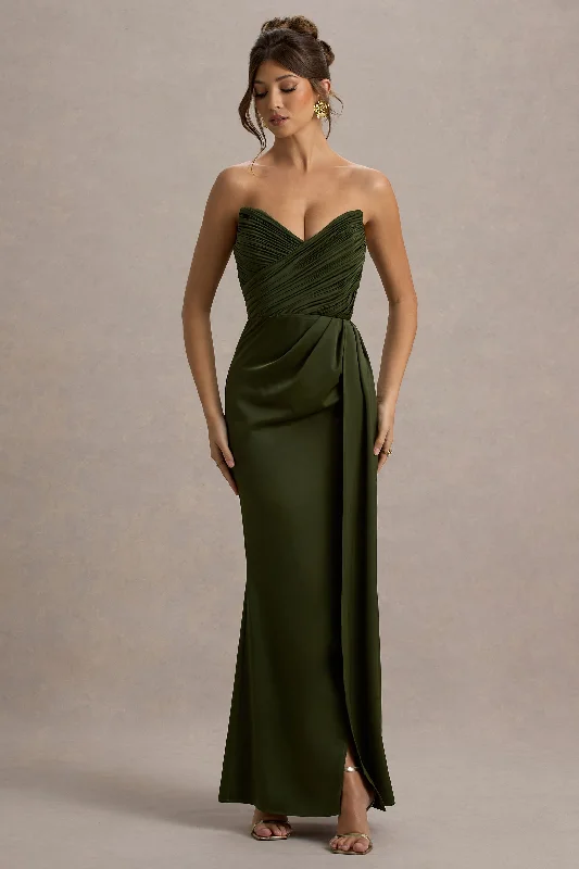 One - shoulder wedding dresses with a flowing sleeve Polka - dot - printed wedding guest dresses with short sleeves Edel | Olive Satin Strapless Maxi Dress With Drape One - shoulder wedding dresses with a flowing sleeve Polka - dot - printed wedding guest dresses with short sleeves Edel | Olive Satin Strapless Maxi Dress With Drape