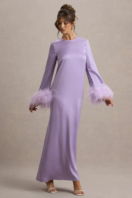 Wedding dresses with a ruched bodice for a textured look Wedding guest dresses with cold - shoulder ruffled sleeves and knee - length hems Adella | Lilac Satin Feather-Trim Maxi Dress Wedding dresses with a ruched bodice for a textured look Wedding guest dresses with cold - shoulder ruffled sleeves and knee - length hems Adella | Lilac Satin Feather-Trim Maxi Dress