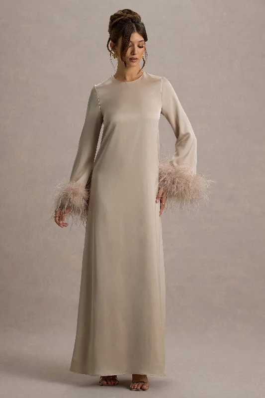 Empire waist wedding dresses with beaded bodices Wrap - style wedding guest dresses with bow accents Adella | Champagne Satin Feather-Trim Maxi Dress Empire waist wedding dresses with beaded bodices Wrap - style wedding guest dresses with bow accents Adella | Champagne Satin Feather-Trim Maxi Dress