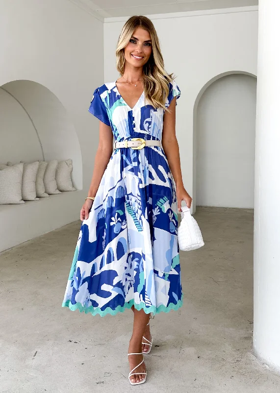 Midi dresses with gathered skirts for a full and flowing silhouette Phoenix Midi Dress - Blue Nyssa Midi dresses with gathered skirts for a full and flowing silhouette Phoenix Midi Dress - Blue Nyssa