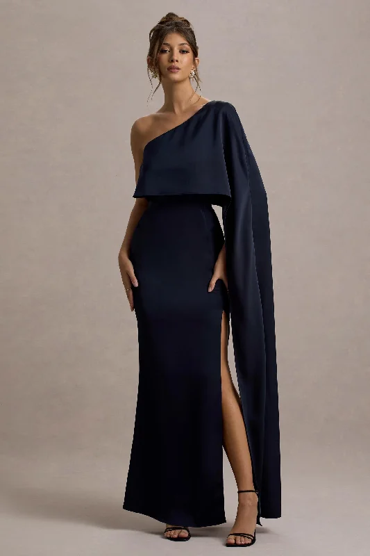 Vintage - themed wedding dresses with pearl accents Tea - length wedding guest dresses with polka dot patterns Amora | Navy Satin Asymmetric Cape-Sleeve Split Maxi Dress Vintage - themed wedding dresses with pearl accents Tea - length wedding guest dresses with polka dot patterns Amora | Navy Satin Asymmetric Cape-Sleeve Split Maxi Dress