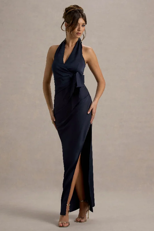 Cathedral train wedding dresses for a grand entrance Cotton wedding guest dresses with smocked details for a casual wedding Santorini | Navy Satin Plunge-Neck Wrap Maxi Dress Cathedral train wedding dresses for a grand entrance Cotton wedding guest dresses with smocked details for a casual wedding Santorini | Navy Satin Plunge-Neck Wrap Maxi Dress