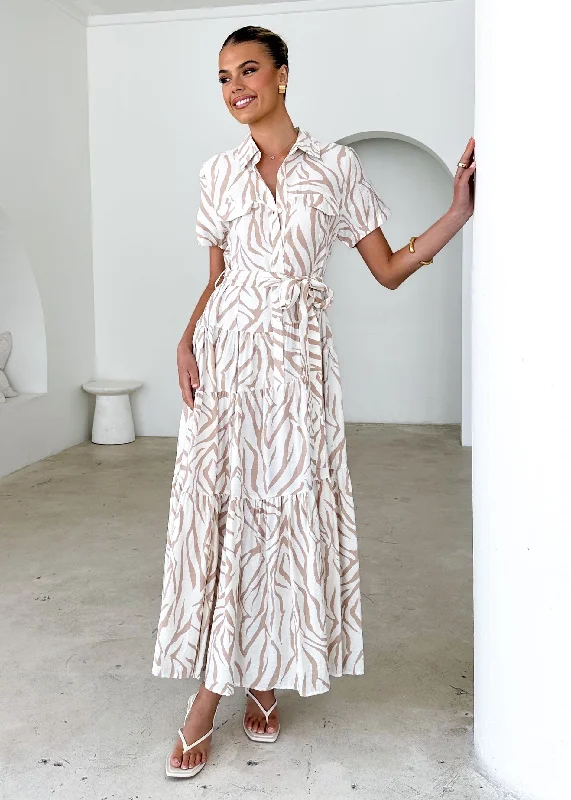Midi dresses with asymmetric hems for a fashion - forward and dynamic appearance Reggie Midi Dress - Beige Zebra Midi dresses with asymmetric hems for a fashion - forward and dynamic appearance Reggie Midi Dress - Beige Zebra
