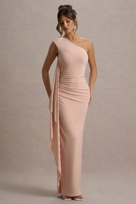 Beach - friendly wedding dresses made of lightweight fabric Embroidered wedding guest dresses in earthy tones for a rustic wedding Adelina | Pink One-Shoulder Maxi Dress With Drape Beach - friendly wedding dresses made of lightweight fabric Embroidered wedding guest dresses in earthy tones for a rustic wedding Adelina | Pink One-Shoulder Maxi Dress With Drape