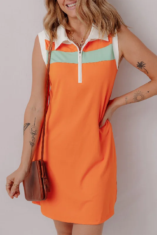 Midi dresses with pom - pom trims for a playful and festive look Colorblock Sleeveless Collared Mini Dress Midi dresses with pom - pom trims for a playful and festive look Colorblock Sleeveless Collared Mini Dress