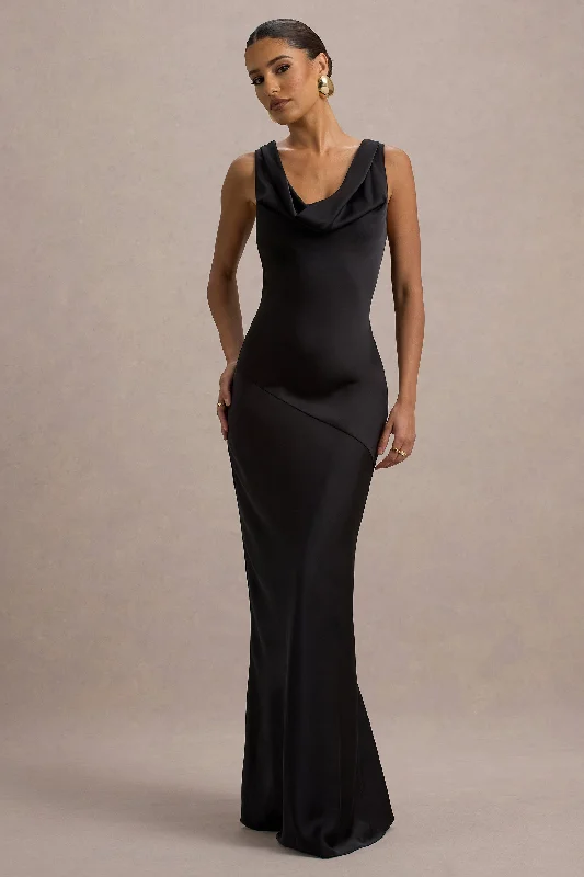 Wedding dresses with a belt made of crystals Sleeveless wedding guest dresses with pleated bodices Alesso | Black Satin Cowl-Neck Maxi Dress Wedding dresses with a belt made of crystals Sleeveless wedding guest dresses with pleated bodices Alesso | Black Satin Cowl-Neck Maxi Dress