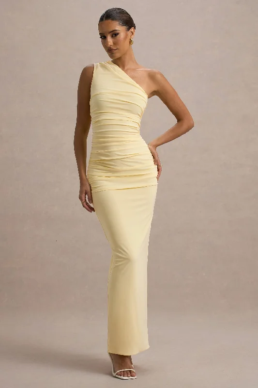 Embroidered wedding dresses with metallic threads Halter - neck wedding guest dresses with beaded straps Dalarie | Lemon One-Shoulder Gathered Maxi Dress Embroidered wedding dresses with metallic threads Halter - neck wedding guest dresses with beaded straps Dalarie | Lemon One-Shoulder Gathered Maxi Dress