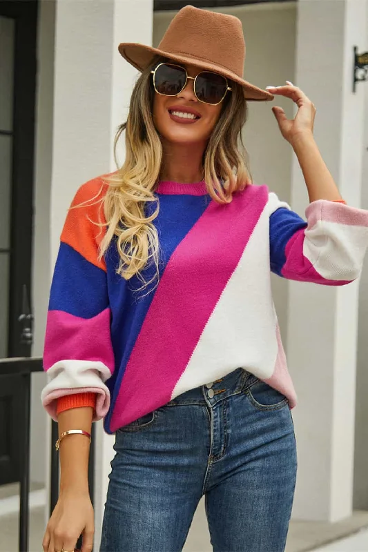 Mock - Neck Women Sweater for a Modern TwistAngel Wings Color Block Round Neck Long Sleeve Sweater Mock - Neck Women Sweater for a Modern TwistAngel Wings Color Block Round Neck Long Sleeve Sweater