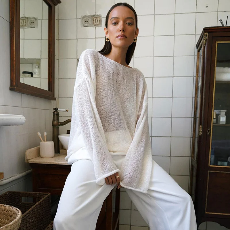 Open - Front Women Sweater for Easy LayeringAthflow Roll Trim Crew Neck Drop Shoulder Sheer Knit Oversized Sweater Open - Front Women Sweater for Easy LayeringAthflow Roll Trim Crew Neck Drop Shoulder Sheer Knit Oversized Sweater