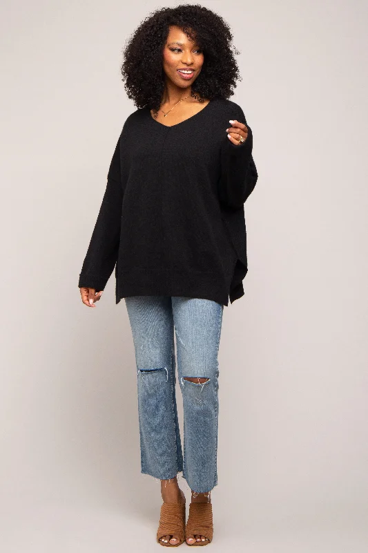 V - Neck Women Sweater to Elongate the NecklineBlack Dolman Sleeve Side Slit Sweater V - Neck Women Sweater to Elongate the NecklineBlack Dolman Sleeve Side Slit Sweater