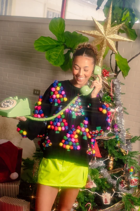 Button - Down Women Sweater for a Versatile LookBlack Multi Pom Pom & Jeweled Christmas Trees Sweater Button - Down Women Sweater for a Versatile LookBlack Multi Pom Pom & Jeweled Christmas Trees Sweater
