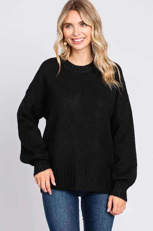 Chunky Knit Women Sweater for Winter WarmthBlack Ribbed Cuff Sweater