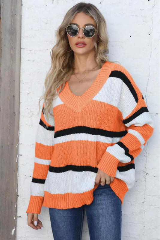 Hooded Women Sweater for Added Comfort and StyleColor Block V-Neck Dropped Shoulder Sweater Hooded Women Sweater for Added Comfort and StyleColor Block V-Neck Dropped Shoulder Sweater