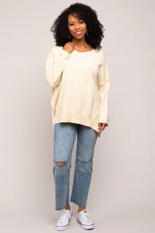V - Neck Women Sweater to Elongate the NecklineCream Dolman Sleeve Side Slit Sweater V - Neck Women Sweater to Elongate the NecklineCream Dolman Sleeve Side Slit Sweater