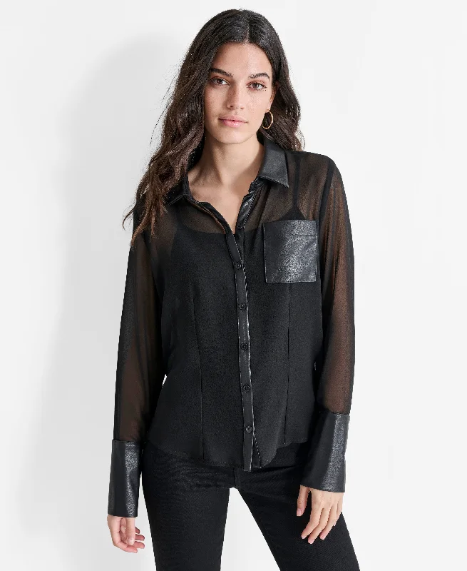 Striped Women Sweater with a Timeless PatternBUTTON FRONT SHIRT WITH FAUX LEATHER COLLAR Striped Women Sweater with a Timeless PatternBUTTON FRONT SHIRT WITH FAUX LEATHER COLLAR