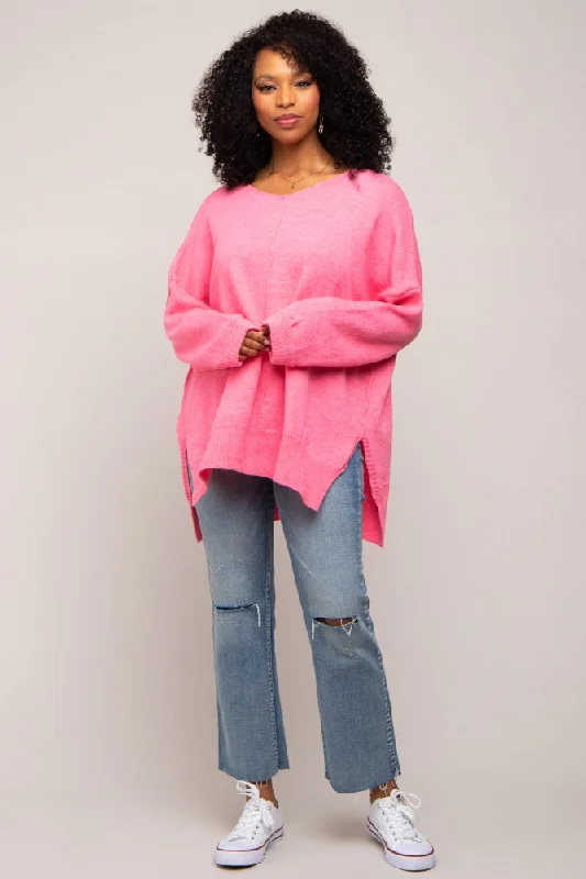Striped Women Sweater with a Timeless PatternFuchsia Dolman Sleeve Side Slit Sweater Striped Women Sweater with a Timeless PatternFuchsia Dolman Sleeve Side Slit Sweater