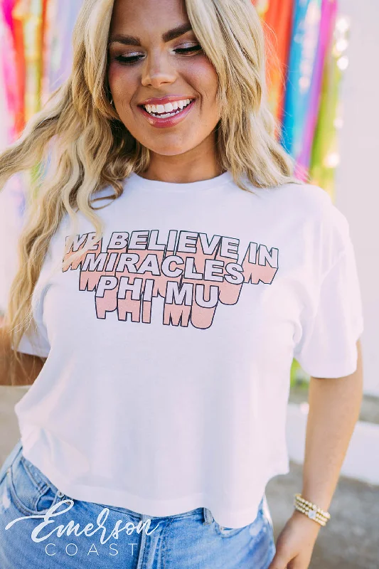 Pocketed Women T Shirt for Added FunctionalityPhi Mu We Believe In Miracles Crop Tee Pocketed Women T Shirt for Added FunctionalityPhi Mu We Believe In Miracles Crop Tee