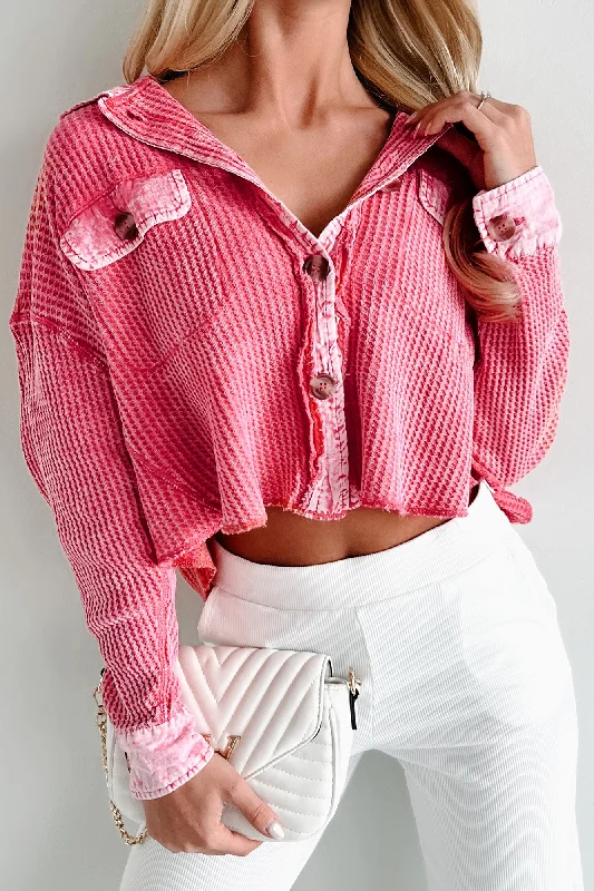 Plus - Size Women Sweater with a Flattering FitPromise Of Fall Acid Wash Waffled Crop Shacket (Fuchsia) Plus - Size Women Sweater with a Flattering FitPromise Of Fall Acid Wash Waffled Crop Shacket (Fuchsia)