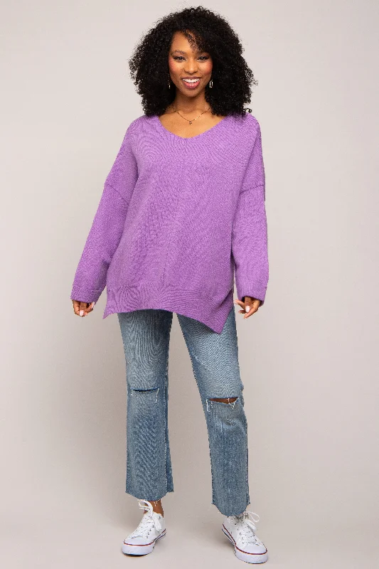 Cropped Women Sweater to Pair with High - Waisted BottomsPurple Dolman Sleeve Side Slit Sweater Cropped Women Sweater to Pair with High - Waisted BottomsPurple Dolman Sleeve Side Slit Sweater