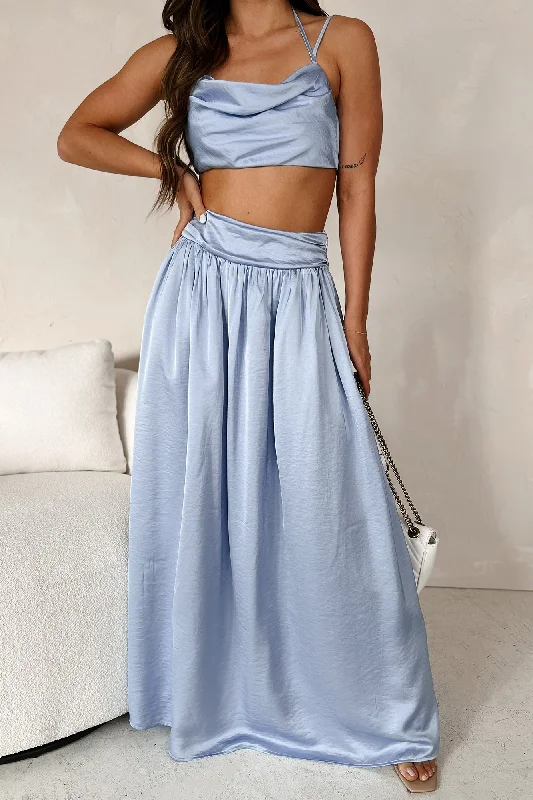 Open - Front Women Sweater for Easy LayeringSophisticated Beauty Satin Two-Piece Skirt Set (Light Blue) Open - Front Women Sweater for Easy LayeringSophisticated Beauty Satin Two-Piece Skirt Set (Light Blue)