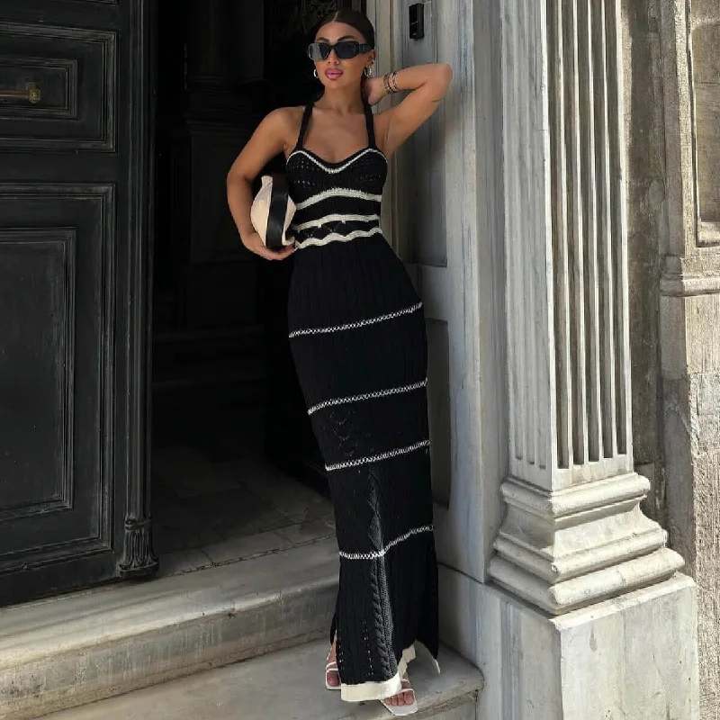 Long - Sleeve Women Sweater with Ribbed CuffsVintage Contrast Fisherman Open Knit Split Vacation Crochet Maxi Sundress Long - Sleeve Women Sweater with Ribbed CuffsVintage Contrast Fisherman Open Knit Split Vacation Crochet Maxi Sundress