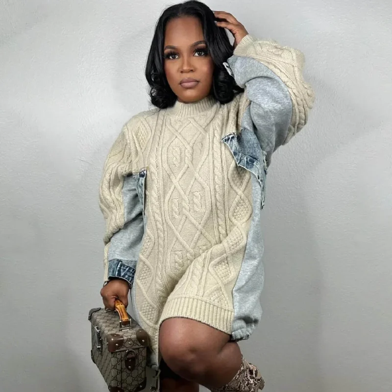 V - Neck Women Sweater to Elongate the NecklineWhimsical Crew Neck Fisherman Cable Knit Drawstring Oversized Hybrid Sweater V - Neck Women Sweater to Elongate the NecklineWhimsical Crew Neck Fisherman Cable Knit Drawstring Oversized Hybrid Sweater
