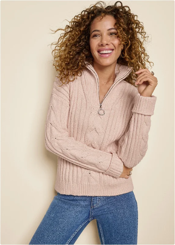 Hooded Women Sweater for Added Comfort and StyleQuarter Zip Sweater - Blush