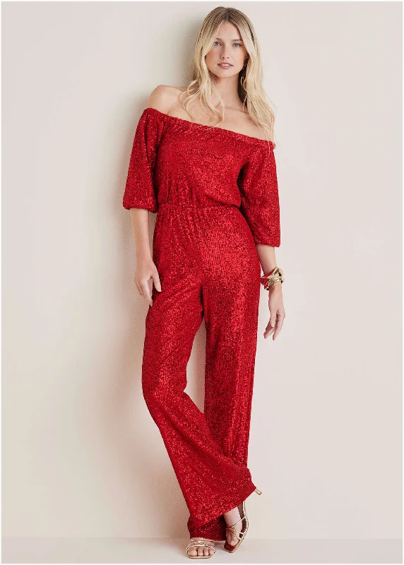 Floral Print Women Sweater for a Feminine AppealOff-Shoulder Sequin Jumpsuit - Goji Berry Floral Print Women Sweater for a Feminine AppealOff-Shoulder Sequin Jumpsuit - Goji Berry