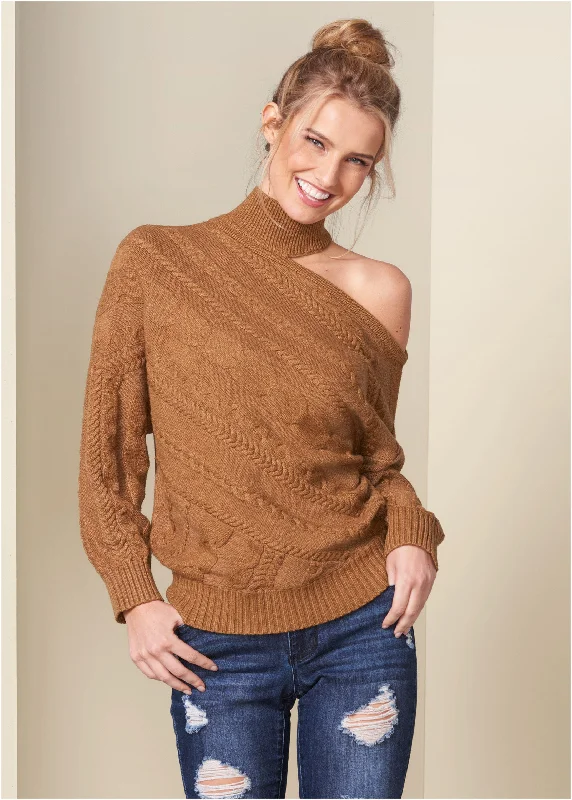 Color - Blocked Women Sweater for a Bold Fashion StatementOne-Shoulder Turtleneck Sweater - Brown Color - Blocked Women Sweater for a Bold Fashion StatementOne-Shoulder Turtleneck Sweater - Brown