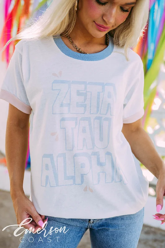 Distressed Women T Shirt with a Laid - Back AestheticZeta Tau Alpha Pastel Colorblock Ringer Distressed Women T Shirt with a Laid - Back AestheticZeta Tau Alpha Pastel Colorblock Ringer