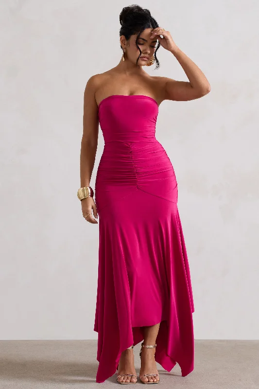 Wrap - Style Women Dress with Adjustable Fit for All Body TypesWrap - Style Women Dress with Adjustable Fit for All Body TypesFlorianne | Hot Pink Ruched Bandeau Midi Dress Wrap - Style Women Dress with Adjustable Fit for All Body TypesWrap - Style Women Dress with Adjustable Fit for All Body TypesFlorianne | Hot Pink Ruched Bandeau Midi Dress