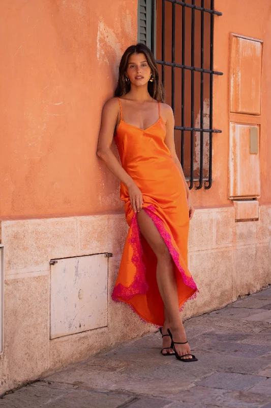 Off - the - Shoulder Women Dress for a Romantic and Feminine LookOff - the - Shoulder Women Dress for a Romantic and Feminine LookGigi Orange Satin Maxi Dress