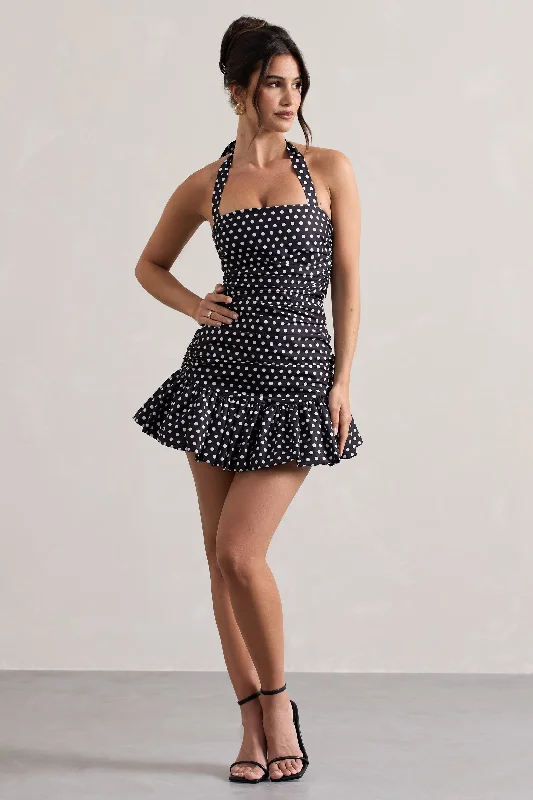Empire Waist Women Dress to Accentuate the Bust and Conceal the WaistEmpire Waist Women Dress to Accentuate the Bust and Conceal the WaistZahra | Black & White Polka Dot Halter-Neck Ruched Mini Dress With Ruffle Hem Empire Waist Women Dress to Accentuate the Bust and Conceal the WaistEmpire Waist Women Dress to Accentuate the Bust and Conceal the WaistZahra | Black & White Polka Dot Halter-Neck Ruched Mini Dress With Ruffle Hem