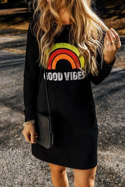 Wrap - Style Women Dress with Adjustable Fit for All Body Types Wrap - Style Women Dress with Adjustable Fit for All Body Types GOOD VIBES Round Neck Long Sleeve Dress Wrap - Style Women Dress with Adjustable Fit for All Body Types Wrap - Style Women Dress with Adjustable Fit for All Body Types GOOD VIBES Round Neck Long Sleeve Dress