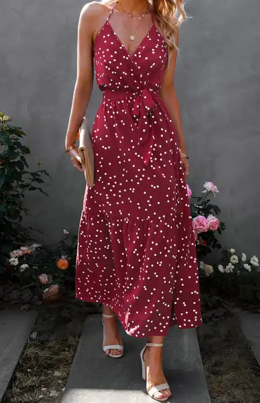 Pleated Women Dress with a Timeless and Elegant Texture Pleated Women Dress with a Timeless and Elegant Texture Ladies Summer Fashion V Neck Sling Polka Dot Dress Long Dress
