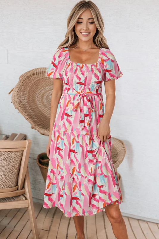 Strapless Women Dress with a Built - in Bra for Comfort and Support Strapless Women Dress with a Built - in Bra for Comfort and Support Pink Brush Stroke Printed Smocked Ruffle Tiered Dress Strapless Women Dress with a Built - in Bra for Comfort and Support Strapless Women Dress with a Built - in Bra for Comfort and Support Pink Brush Stroke Printed Smocked Ruffle Tiered Dress