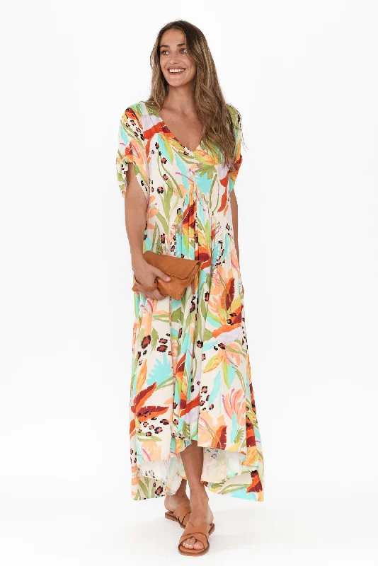 Printed Abstract Women Dress for a Modern and Artistic AppealPrinted Abstract Women Dress for a Modern and Artistic AppealNatural Jungle Peak Maxi Dress