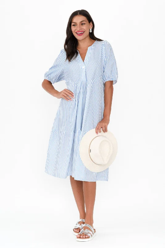 Wrap - Style Women Dress with Adjustable Fit for All Body TypesWrap - Style Women Dress with Adjustable Fit for All Body TypesZariah Blue Stripe Cotton Tier Dress Wrap - Style Women Dress with Adjustable Fit for All Body TypesWrap - Style Women Dress with Adjustable Fit for All Body TypesZariah Blue Stripe Cotton Tier Dress