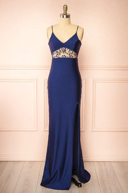 Long - Sleeve Women Dress in Velvet for a Luxurious Winter LookLong - Sleeve Women Dress in Velvet for a Luxurious Winter LookAngelika | Navy Maxi Dress w/ Embroidered Mesh