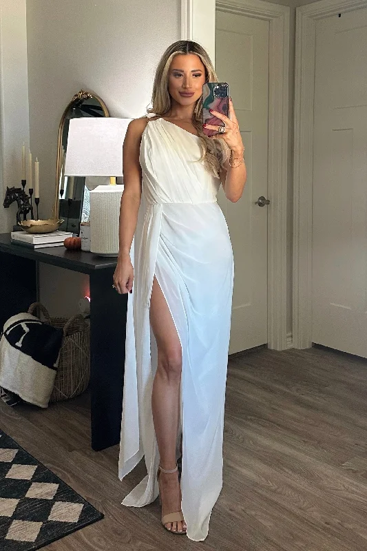 Mini Women Dress with a Short Hem for a Young and Trendy StyleMini Women Dress with a Short Hem for a Young and Trendy StyleAthena One Shoulder Cape Sleeve Maxi Dress: White