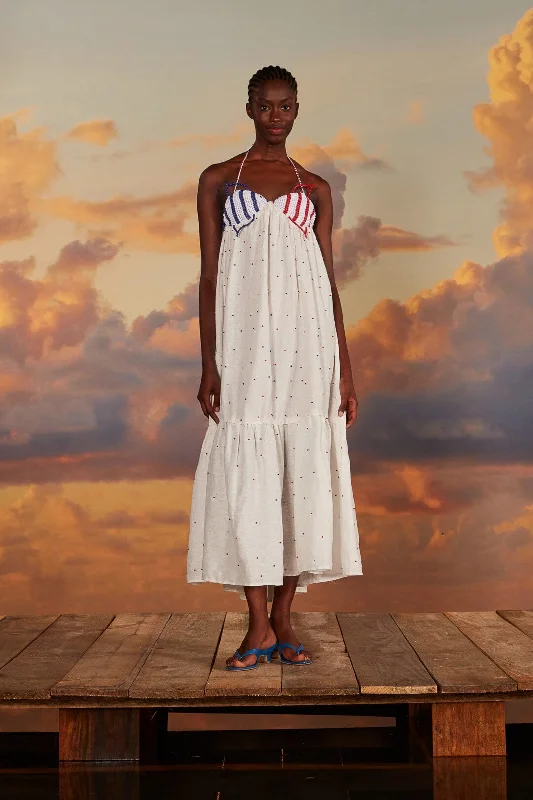Printed Abstract Women Dress for a Modern and Artistic AppealPrinted Abstract Women Dress for a Modern and Artistic AppealWhite Beaded Fishes Sleeveless Maxi Dress