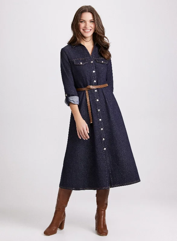 Pleated Women Dress with a Timeless and Elegant TexturePleated Women Dress with a Timeless and Elegant TextureBelted Denim Button-Down Midi Dress
